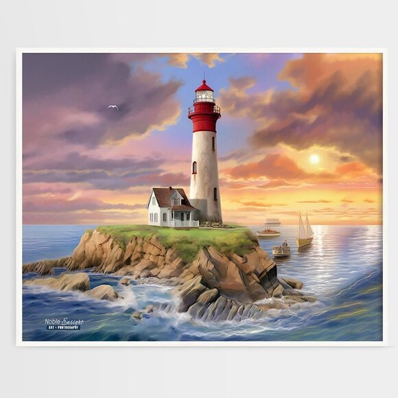 16x20 Lighthouse‎ Majestic Landscape Scene Watercolor Oil Painting - Picture 3 of 8